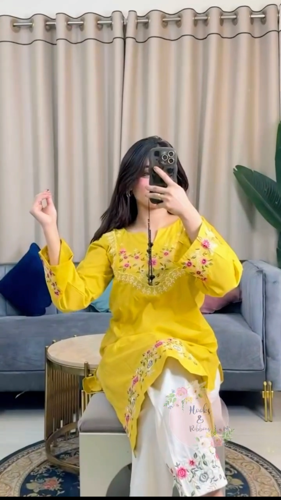 Yellow Floral Embroidered Cotton Kurti with White Embroidered Trouser Set