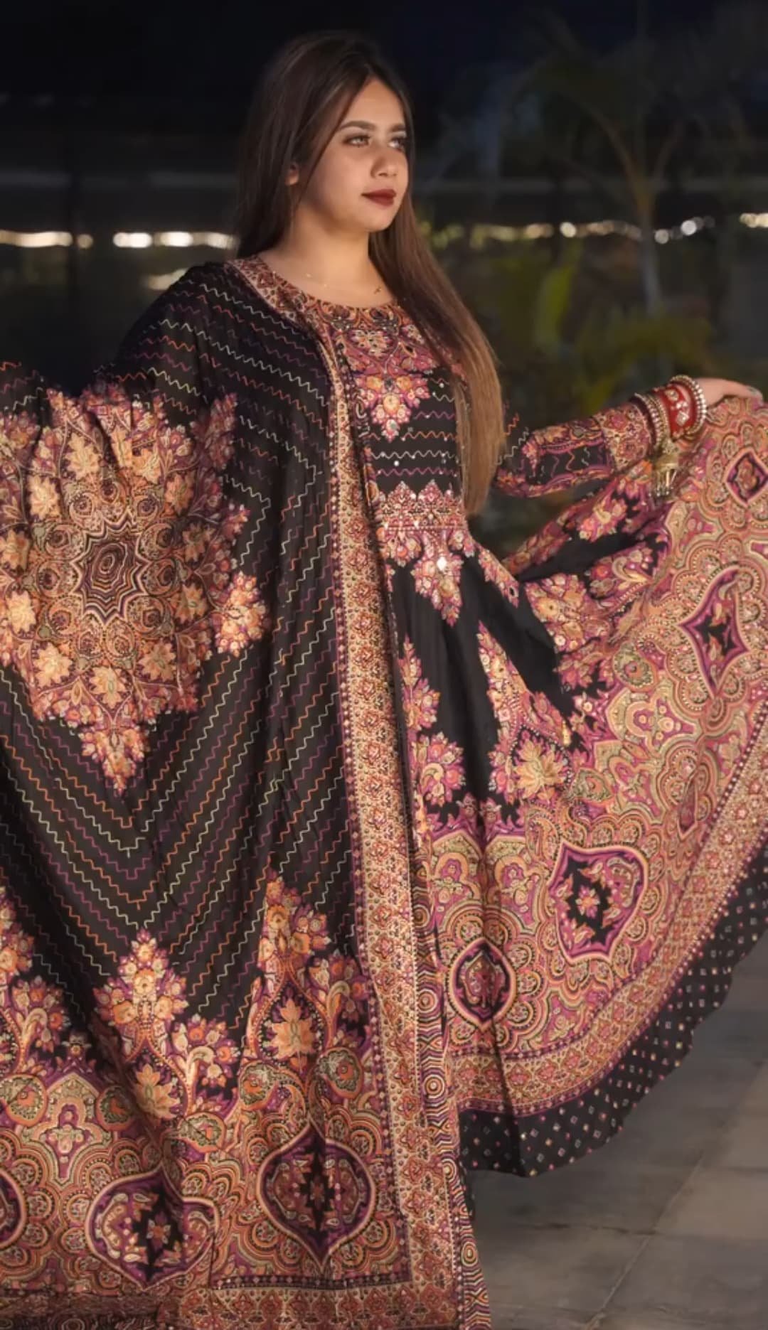 Luxury Printed Anarkali Gown Set with Matching Mask – 2 Piece Set - Image 4