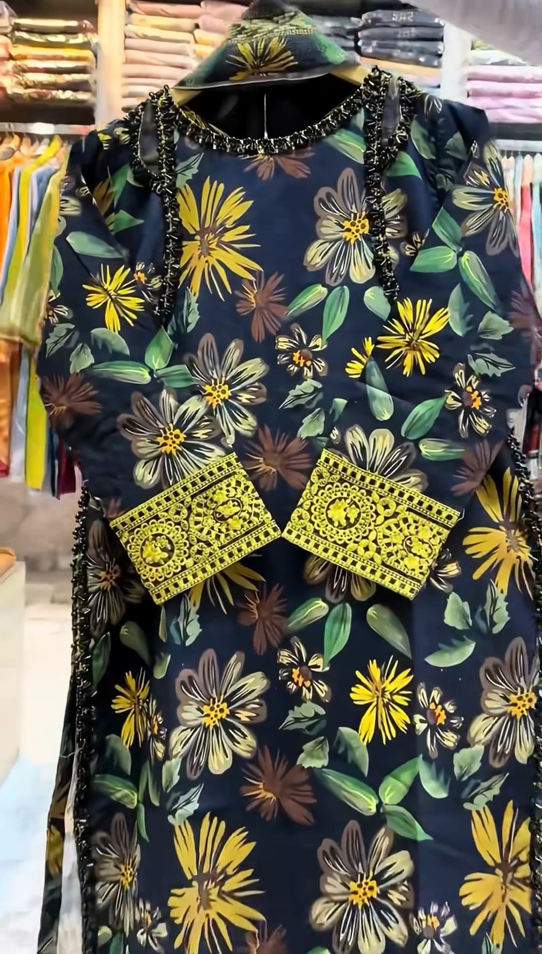 Black Floral Printed 3-Piece Suit with Yellow Printed Cuffs