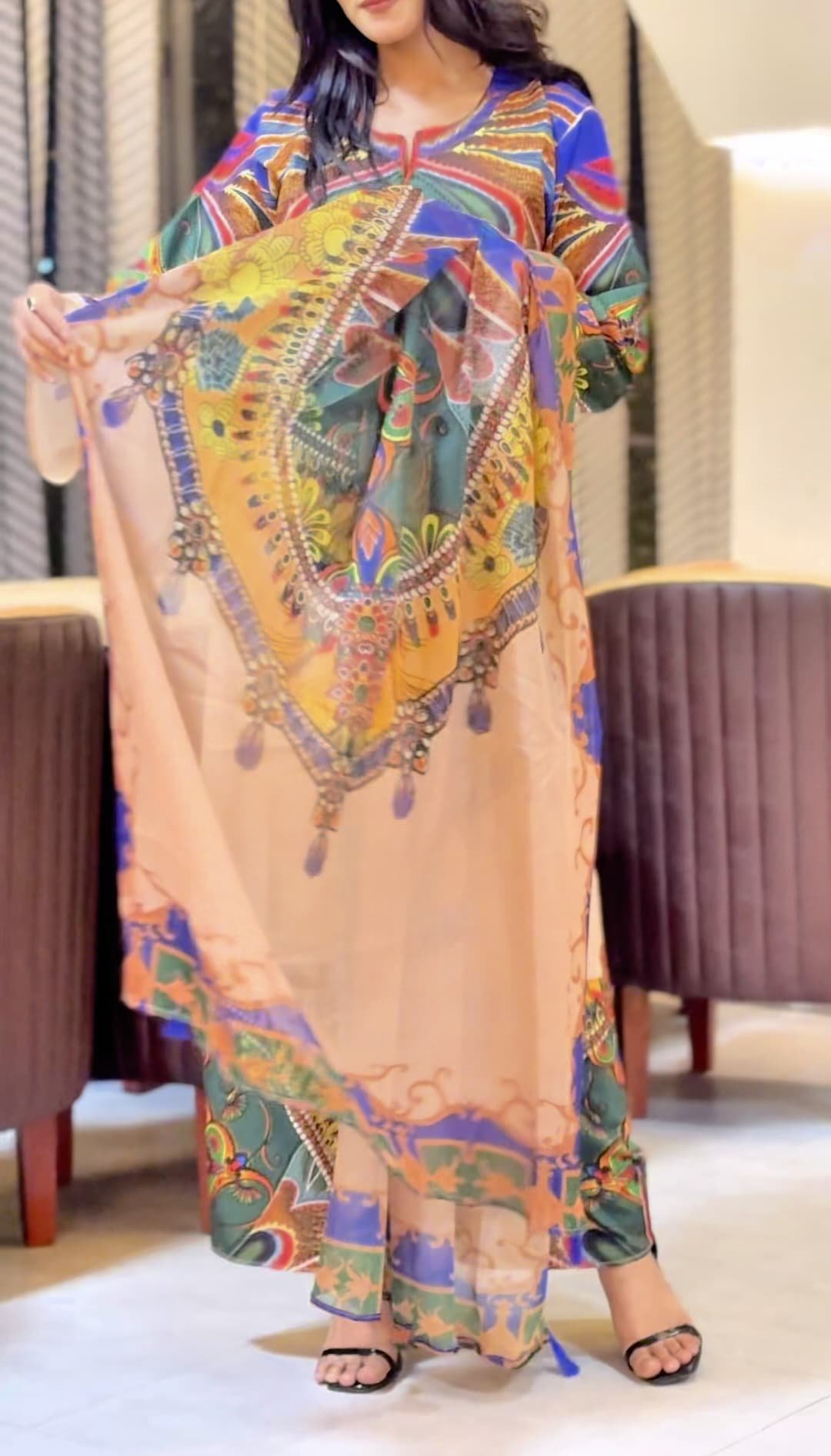 Luxury Dubai Digital Printed Silk Dress Butterfly 3Pics Set - Image 3