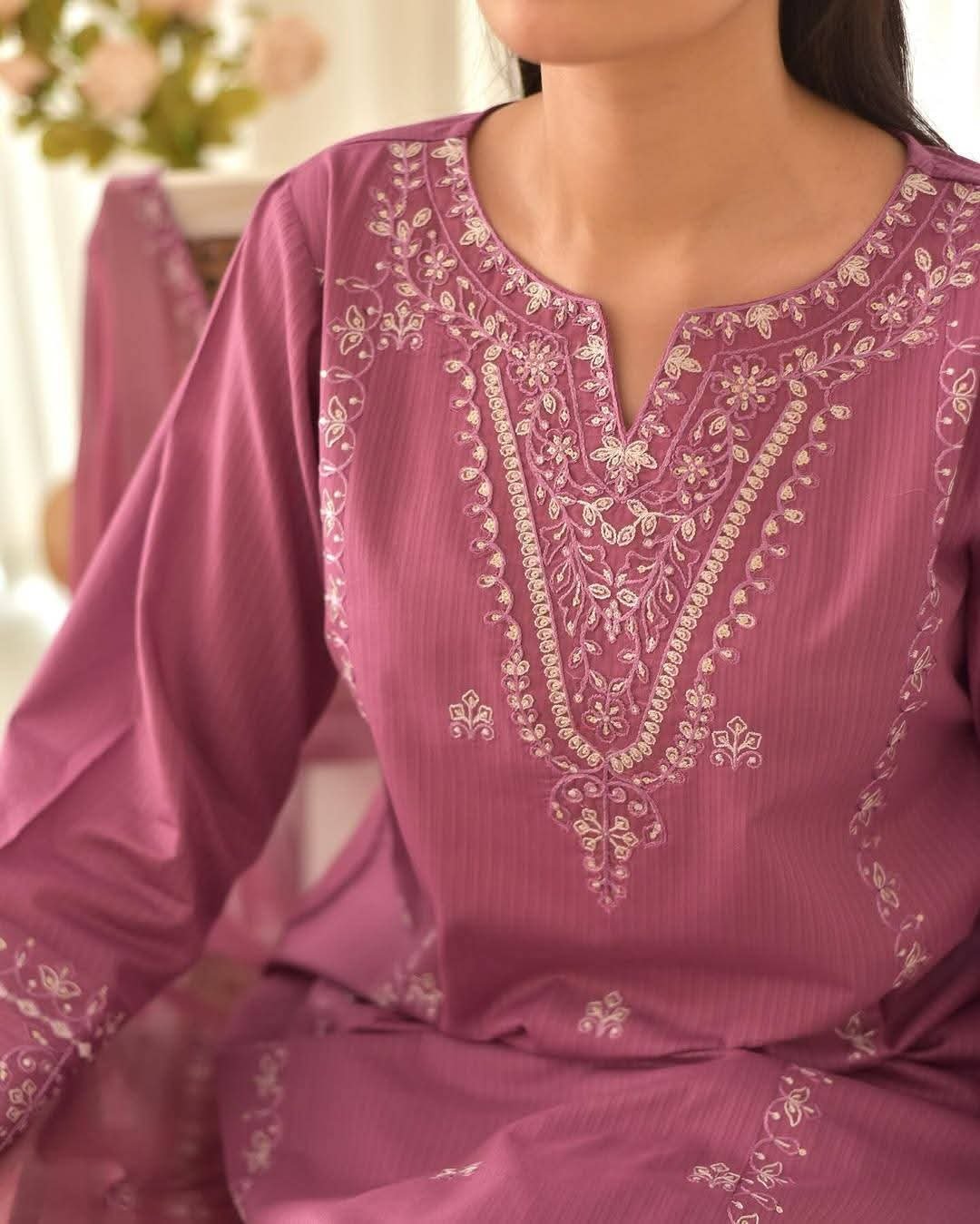 Elegant Embroidered 3-Piece Dress Set (Onion Color) - Image 3