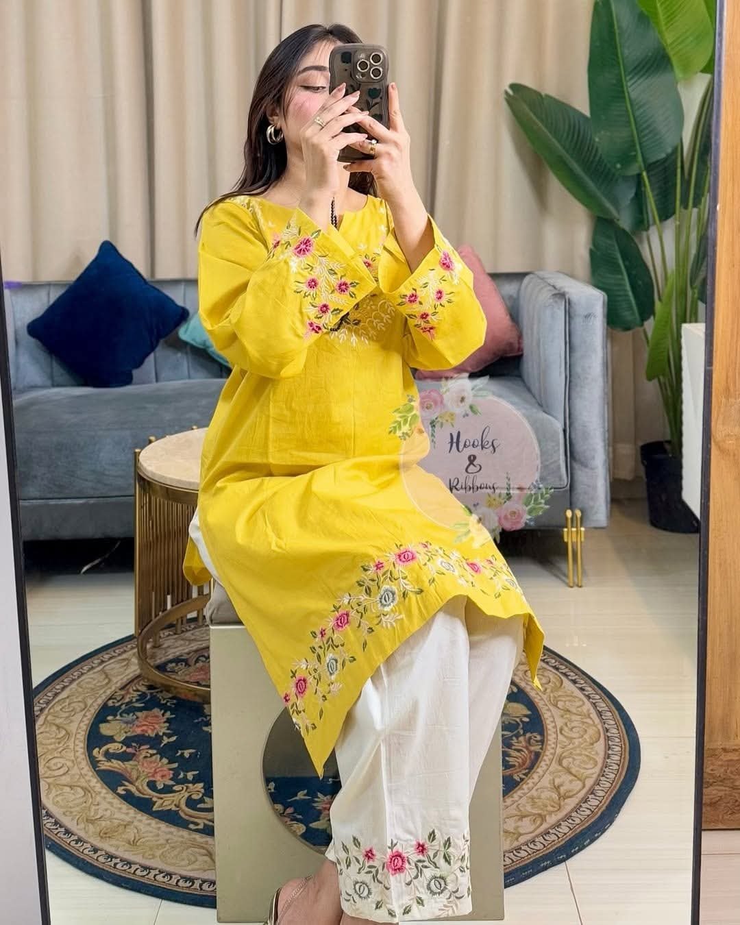 Yellow Floral Embroidered Cotton Kurti with White Embroidered Trouser Set - Image 4