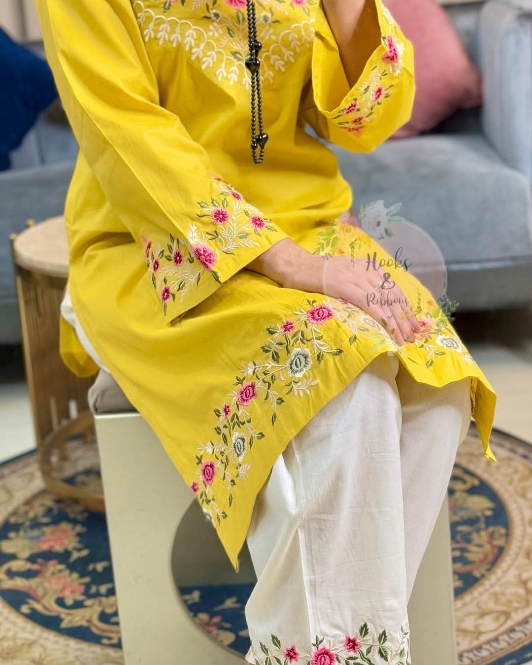 Yellow Floral Embroidered Cotton Kurti with White Embroidered Trouser Set - Image 3