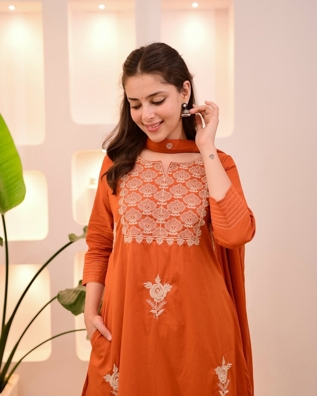 Embroidered Cotton 3-Piece Suit – Coffee & Orange (Dual Color Options) - Image 8