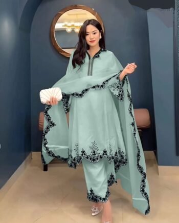 Elegant Sea Green Embroidered Lawn Salwar Kameez with Dupatta