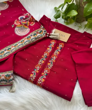 Digital Print 3 Piece Red Embroidered Suit