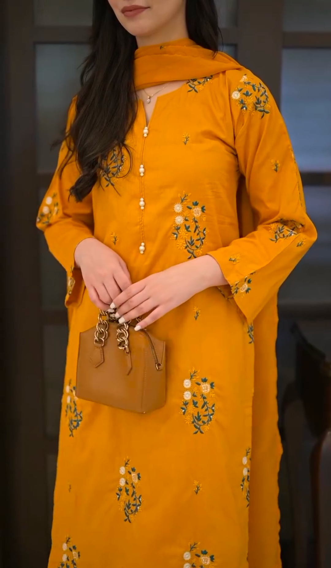 Mustard Floral Embroidered 3-Piece stitched Cotton Suit - Image 3