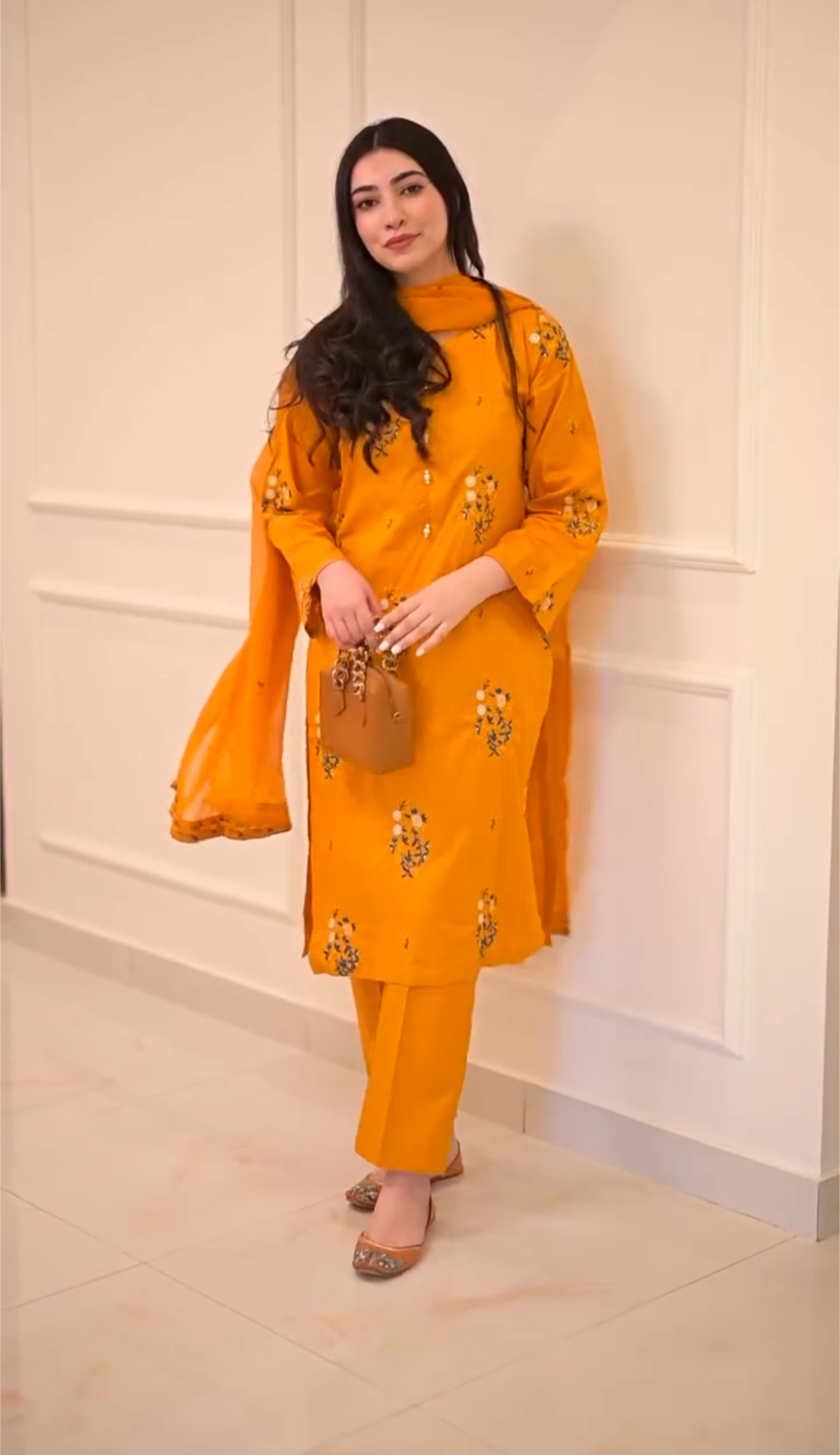 Mustard Floral Embroidered 3-Piece stitched Cotton Suit