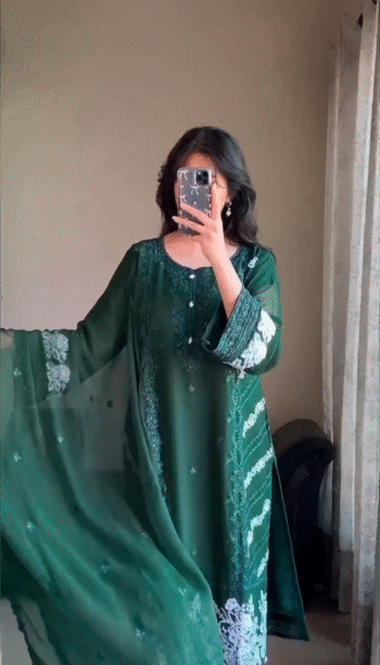 4-Piece Indian Jorjet Embroidered Suit with Inner, Cotton Pants & Chiffon Dupatta