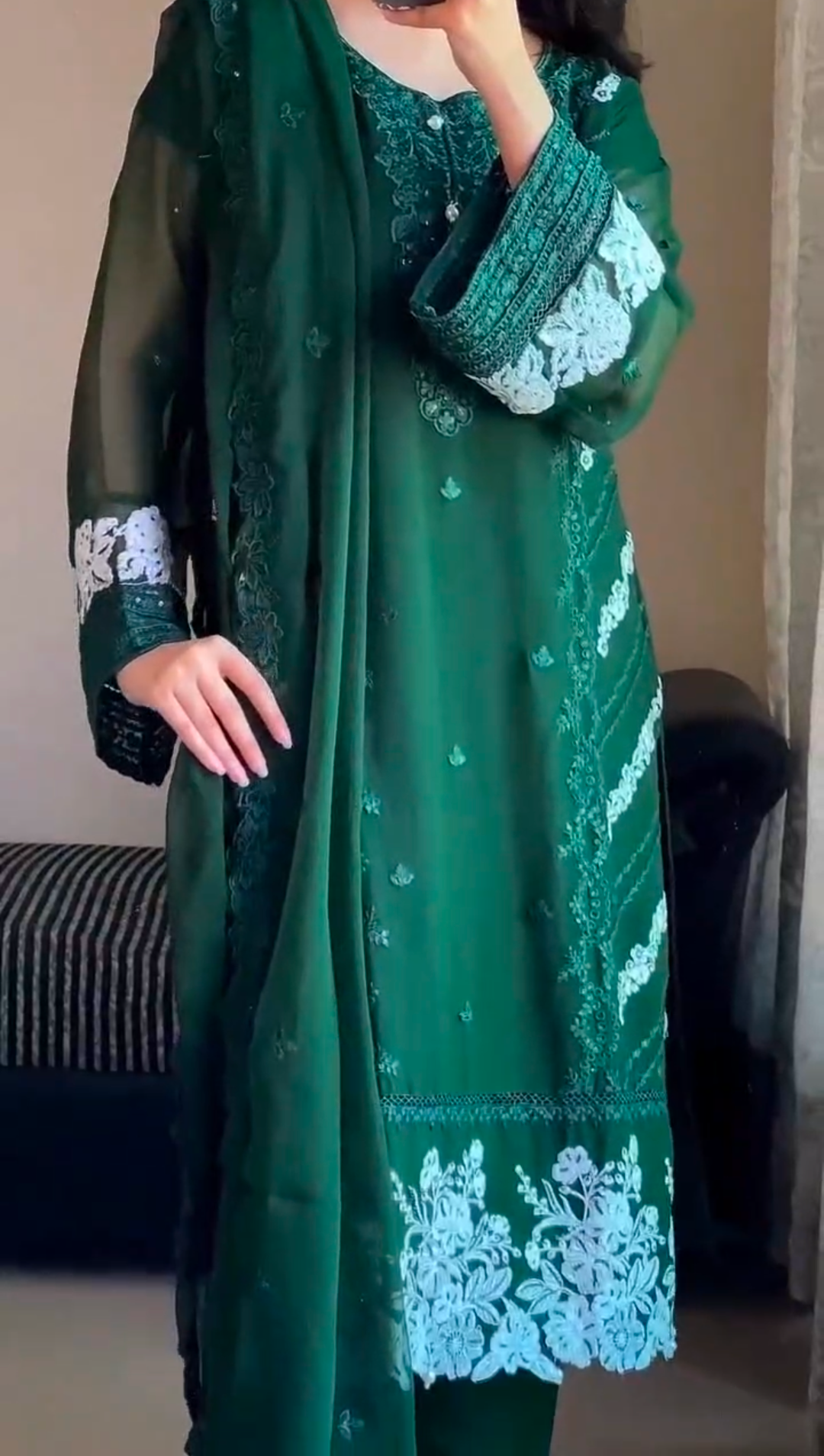 4-Piece Indian Jorjet Embroidered Suit with Inner, Cotton Pants & Chiffon Dupatta - Image 3