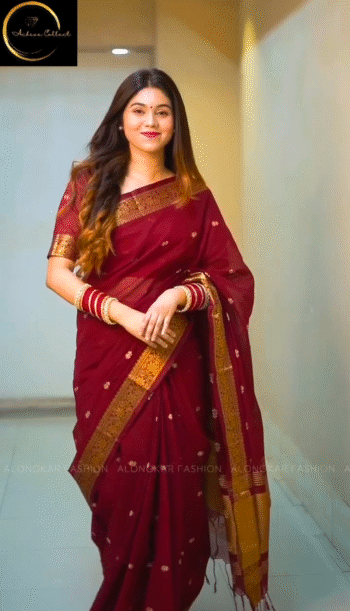 Maroon Saree with Golden Border + ব্লাউজ পিস