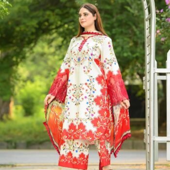 Fire Red Dubai Silk Digital Print 3PC Suit