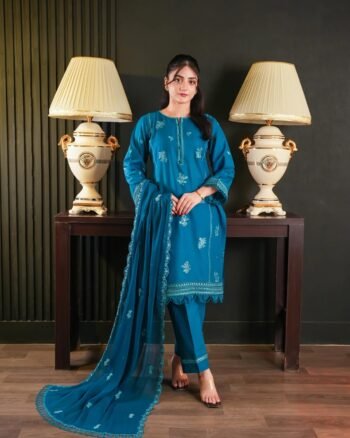 Elegant Teal Blue Embroidered 3-Piece Suit