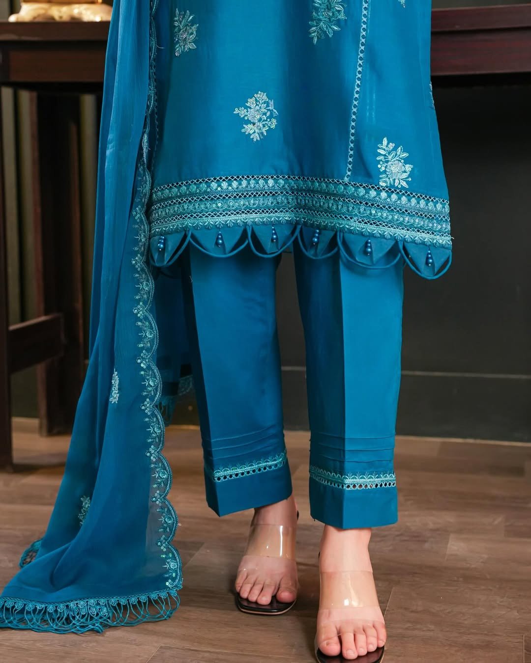 Elegant Teal Blue Embroidered 3-Piece Suit - Image 4